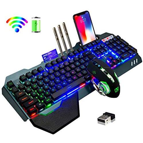 Wireless Gaming Keyboard and Mouse,Rainbow Backlit Rechargeable Keyboard Mouse with 3800mAh Battery Metal Panel,Removable Hand Rest Mechanical Feel Keyboard and 7 Color Gaming Mute Mouse for PC Gamers