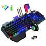 Wireless Gaming Keyboard and Mouse,Rainbow Backlit Rechargeable Keyboard Mouse with 3800mAh Battery Metal Panel,Removable Hand Rest Mechanical Feel Keyboard and 7 Color Gaming Mute Mouse for PC Gamers