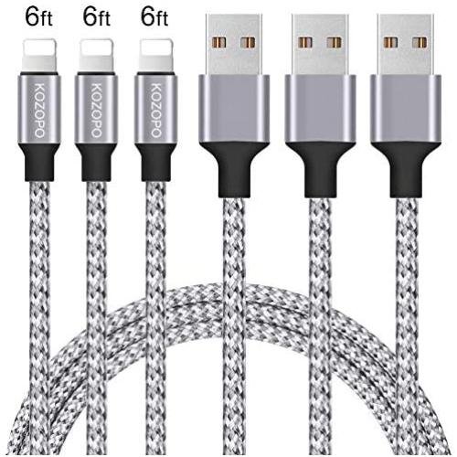iPhone Charger KOZOPO Fast Charging Nylon Braided 3Pack 6feet Durable High Speed Data Sync Cord Connector Extra Long Power Cable Compatible with iPhone Xs Max/XR/X/8/7/Plus/6S/6/SE/5S/iPad