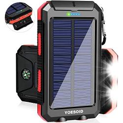 Solar Charger YOESOID 20000mAh Portable Outdoor Waterproof Solar Power Bank, Camping External Backup Battery Pack Dual 5V USB Ports Output, 2 Led Light Flashlight with Compass