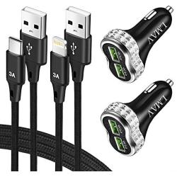 USB C Car Charger, Dual QC 3.0 Fast Car Charger Adapter with 3.3ft Fast Charging Cable Compatible for iPhone, Samsung, LG, iPad, 6A 48W and More.(2 Charger + 2 Cable)