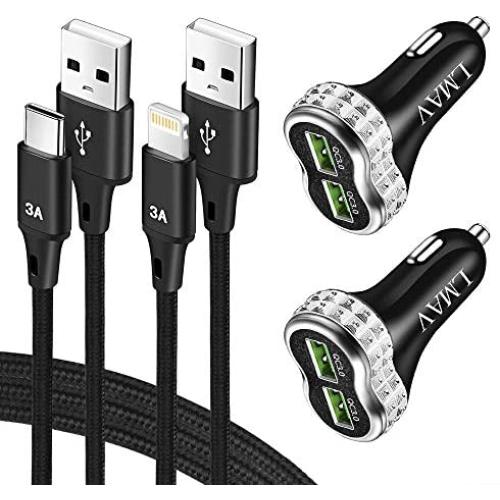 USB C Car Charger, Dual QC 3.0 Fast Car Charger Adapter with 3.3ft Fast Charging Cable Compatible for iPhone, Samsung, LG, iPad, 6A 48W and More.(2 Charger + 2 Cable)