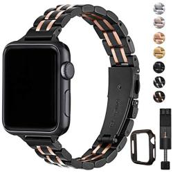 STIROLL Thin Replacement Band Compatible for Apple Watch 38mm 40mm 42mm 44mm, Stainless Steel Metal Wristband Women Men for iWatch 5/4/3/2/1 (Black+Rose Gold, 42mm/44mm)