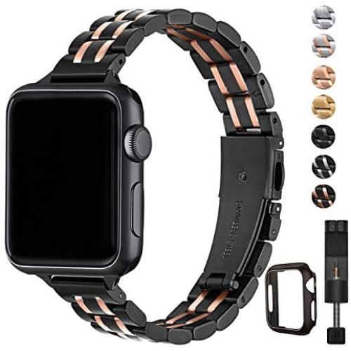 STIROLL Thin Replacement Band Compatible for Apple Watch 38mm 40mm 42mm 44mm, Stainless Steel Metal Wristband Women Men for iWatch 5/4/3/2/1 (Black+Rose Gold, 42mm/44mm)