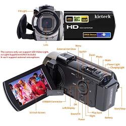 Video Camera Camcorder Digital YouTube Vlogging Camera Recorder kicteck Full HD 1080P 15FPS 24MP 3.0 Inch 270 Degree Rotation LCD 16X Digital Zoom Camcorder with 2 Batteries(604s)