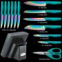 DISHWASHER SAFE Rainbow Titanium Cutlery Knife Set, Marco Almond KYA27 Kitchen Knives Set with Wooden Block, Rainbow Titanium Coating,Chef Quality for Home & Pro Use, Best Gift,14 Piece Turquoise