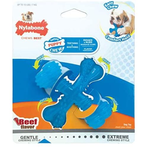 Nylabone Puppy Chew Gentle Chewing Puppy X Bone Small Beef Flavored Chew Toy, Small/Regular, Blue, Model:NPX200P