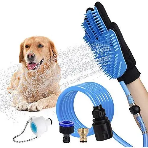 Pet Bathing Tool Pet Grooming Glove Pet Hair Remover for Dog Bath with Long Hose & 3 Adapters Compatible Shower Bath Tub & Outdoor Garden