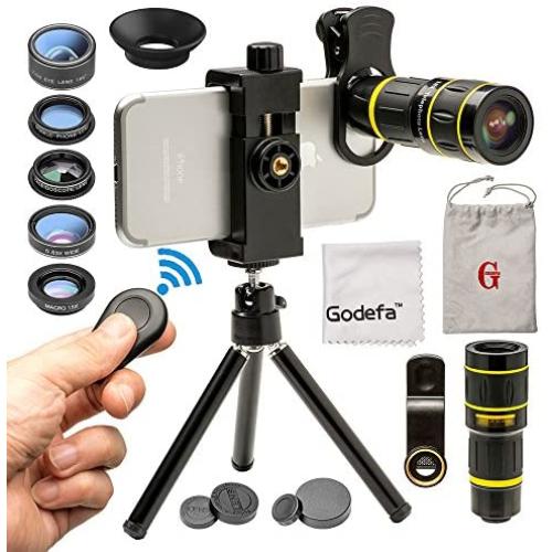 Godefa Cell Phone Camera Lens with Tripod+ Shutter Remote,6 in 1 18x Telephoto Zoom Lens/Wide Angle/Macro/Fisheye/Kaleidoscope/CPL, Clip-On lense Compatible for iPhone X 8 7 6s Plus, Samsung and More