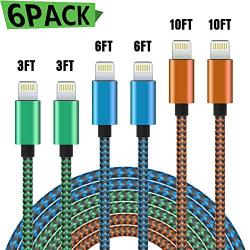 WUYA iPhone Charger, MFi Certified Lightning Cable 6 Pack - 3/3/6/6/10/10 FT Nylon Woven Fast Charging High Speed Data Sync Cord Compatible iPhone 11 Pro XS MAX XR XS X 8 7 Plus 6S 6 SE - Color