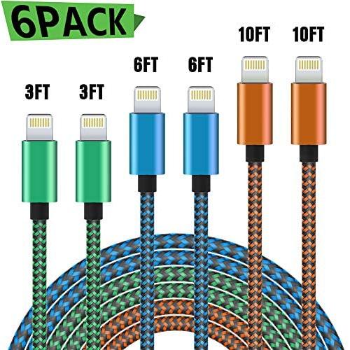 WUYA iPhone Charger, MFi Certified Lightning Cable 6 Pack - 3/3/6/6/10/10 FT Nylon Woven Fast Charging High Speed Data Sync Cord Compatible iPhone 11 Pro XS MAX XR XS X 8 7 Plus 6S 6 SE - Color