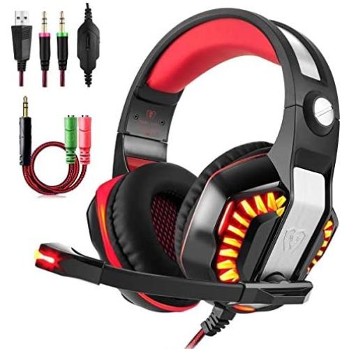 DSstyles GM-2 Gaming Headset with Microphone Headphone with LED Light for PS4 Xbox 1 Laptop Tablet Mobile Phones PC Black red