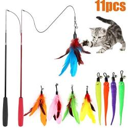 MeoHui 11PCS Retractable Cat Feather Toy Set, Interactive Cat Toys Wand with 2 Poles & 9 Attachments Worm Bird Feathers, Cat Feather Teaser Wand Toy for Kitten Cat Having Fun Exercise Playing