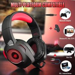 Gaming Headset for PS4, PC, Xbox One, Nintendo Switch, Laptop, PHOINIKAS H9 Xbox One Headset, 7.1 Stereo Sound, Over Ear Headphones with Microphone, Noise Isolating, LED Light, Volume Control (Red)