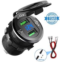 Quick Charge 3.0 Car Charger, CHGeek 12V/24V 36W Aluminum Waterproof Dual QC3.0 USB Fast Charger Socket Power Outlet with LED Digital Voltmeter for Marine, Boat, Motorcycle, Truck, Golf Cart and More