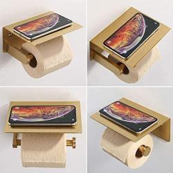 APLusee Toilet Paper Holder with Phone Shelf Brushed Gold, SUS 304 Stainless Steel Contemporary Tissue Roll Organizer Phone Storage Bathroom Accessories