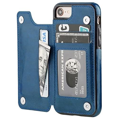 OT ONETOP iPhone 8 Wallet Case with Card Holder, iPhone 7 Case iPhone SE(2020) Wallet Premium PU Leather Kickstand Card Slots,Double Magnetic Clasp and Durable Shockproof Cover 4.7 Inch(Blue)
