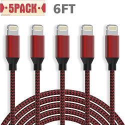 HOVAMP MFi Certified 5Pack[6-6-6-6-6ft] Nylon Braided iPhone Charger Lightning Cable Fast Charging & Syncing Long Cord Compatible iPhone 11Pro Max/11Pro/11/XS/Max/XR/X/8/8P/7/7P and More-Black&Red