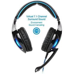 SADES Newest SA902 7.1 Channel Virtual Surround Sound USB Gaming Headset Over-ear Headphones with Noise Isolating Mic LED Light for PC Mac Computer Gamers(Black Blue)