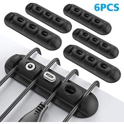 Cable Clips, 6pcs Cord Management Organizer, Silicone Adhesive Hooks, Wire Cord Holder for Power Cords and Magnetic Charging Cables, PC, Office, Car and Home (4 Slots, 3 Magnetic Tips Hole)