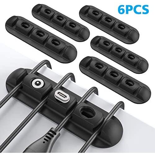 Cable Clips, 6pcs Cord Management Organizer, Silicone Adhesive Hooks, Wire Cord Holder for Power Cords and Magnetic Charging Cables, PC, Office, Car and Home (4 Slots, 3 Magnetic Tips Hole)