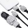 5 Pieces Bling Car Accessories Set, Includes Car Charging Cable, Car Phone Mount Holder, Car Dual Port USB, 2 Pieces Crystal Ring Emblem Stickers for Women Girls Favors (White)