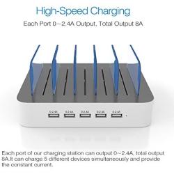 Charging Station for Multiple Devices MSTJRY 5 Port Multi USB Charger Station with Power Switch for Cell Phone Tablets (White, 5 Mixed Short Cables Included)