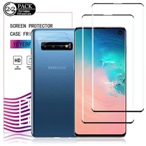 Galaxy S10 HD Clear Tempered Glass Screen Protector+Camera Lens Protectors by YEYEBF, [2+2 Pack] [Case-Friendly] [9H Hardness] Full Coverage (Samsung Galaxy S10)