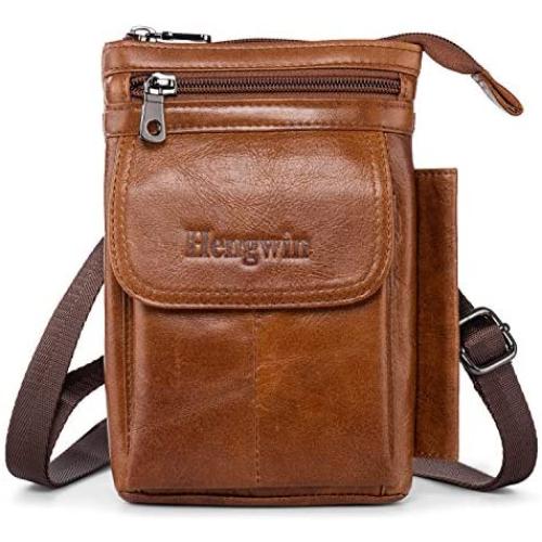 Hengwin Men Purse Crossbody Bag iPhone 11 Pro Max Holster Case with Belt Clip Cell Phone Pouch iPhone XS Max Holster Belt Loop Pouch Case Leather Shoulder Phone Bag iPhone XR Belt Carrying Case -Brown