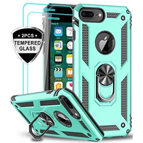 iPhone 8 Plus Case, iPhone 7 Plus Case, iPhone 6 Plus Case with Tempered Glass Screen Protector [2Pack], LeYi Military Grade Phone Case with Rotating Holder Kickstand for Apple iPhone 6s Plus, Mint