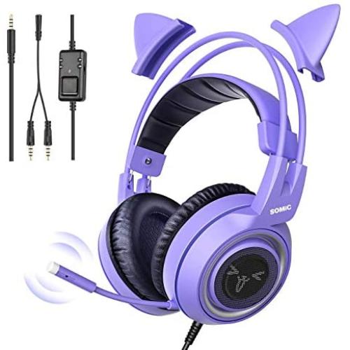 SOMIC G951S Purple Stereo Gaming Headset with Mic for PS4, Xbox One, PC, Phone, Detachable Cat Ear 3.5MM Noise Reduction Headphones Lightweight Computer Gaming Headphone Self-Adjusting Gamer Headsets