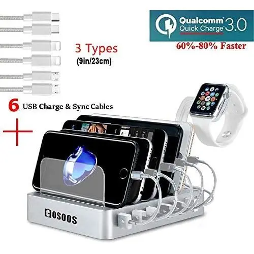 COSOOS Fastest Charging Station with Quick Charge 3.0, 6 Phone Charger Cables(3 Type),lWatch Stand,6-Port USB Charger Station,Charging Station for Multiple Devices,Tablet,Kindle(Silver,UL Certified)