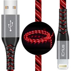 iPhone Charger, iCrius Apple MFi Certified 6FT Lightning Cable Led Light Up USB Fast Charging Cord Compatible with iPhone SE/ 11/Pro/Max/X/XS/XR/XS Max/8/Plus/7/7 Plus/6/6S/6 Plus, iPod Touch (red)