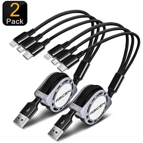 2-Pack ASICEN 3-in-1 3A Retractable Fast Charging Cable, Multi Charger Cord 4Ft/1.2M USB Charge Cord with Phone/USB-C/Micro USB Connector for Phone/Samsung Galaxy, Huawei, LG, Android Smartphones