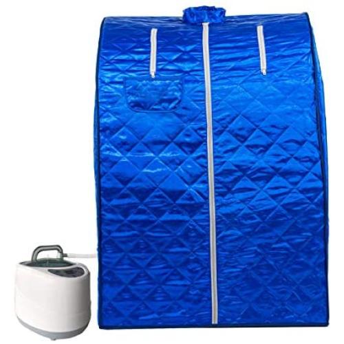 KUPPET 2020s Newest Portable Folding Steam Sauna-2L One Person Home Sauna Spa for Full Body Slimming Loss Weight w/Chair, Remote Control, Steam Pot, Foot Rest, Mat (Blue)…