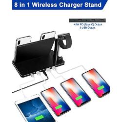 Zapuno Wireless Charging Station,8 in 1 Aluminum Alloy CNC Wireless Charger Stand 20W Wireless Fast Charger Dock with 45W PD Charger Compatible for iPhone/iPad/Apple Watch/Airpods and More