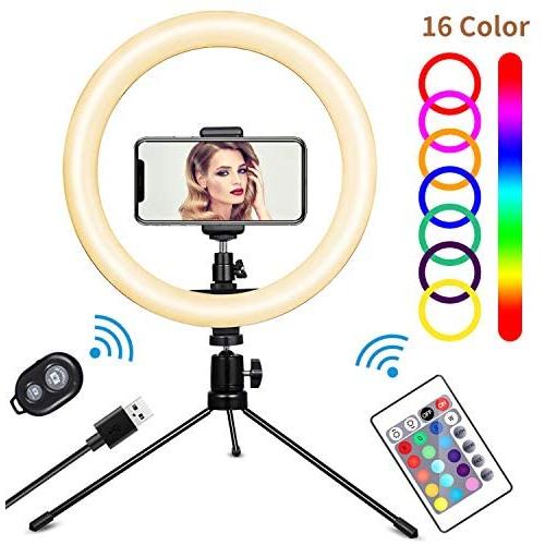 10" Desktop Selfie Ring Light with Tripod Stand and Phone Holder, Remote Control LED Lights for Live Stream Makeup YouTube Video Shoot Photography, 16 Color Table Light Compatible with iPhone Android