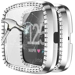 Landhoo Silver Hard Case Compatible with Fitbit Versa 2 Screen Protector Bling, PC case That Have Clarity PMMA Screen Protector and Shiny Diamond Bumper Overall Protective Cover for Women Watch.