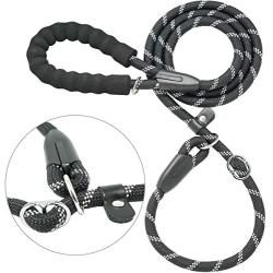 iYoShop 6FT Extremely Durable Slip Dog Rope Training Leash with Comfortable Padded Handle and Highly Reflective Threads Quality Slip Lead for Small Medium and Large Dogs, Black, Medium Large (6 FT)