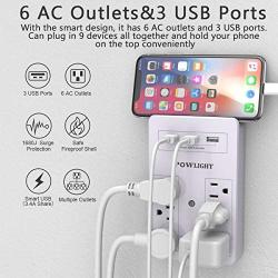 Multi Plug Outlet, Surge Protector, POWLIGHT USB Wall Charger with 3 USB Ports(Smart 3.4A Total), 6-Outlet Extender and Top Phone Holder for Your Cell Phone, White, ETL Listed