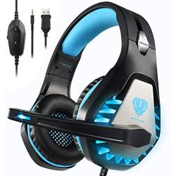 BUTFULAKE GH-1 Gaming Headset for PS4, Xbox One, Xbox One S, PC, Nintendo Switch, Mac, Laptop, Computer, 3.5mm Wired Pro Stereo Over Ear Gaming Headphones with Noise Cancelling Mic, LED Light, Blue