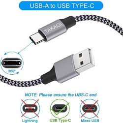 USB Type C Cable, TAKAGI 3Pack 6ft USB C to USB A Nylon Braid Fast Charging Cord High Speed Data Sync Transfer Charger Cable Compatible with Galaxy S9, Note, LG, Pixel 2 XL, Huawei, ONEPLUS (Gray)