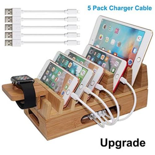 Bamboo Charging Station Organizer for Multiple Devices & Wood Desktop Docking Charging Stand Such As Cell Phone, Tablets, Phone Case and Watch Stand - Pezin & Hulin