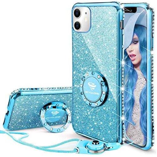 OCYCLONE for iPhone 11 Case, Cute Glitter Sparkle Bling Diamond Rhinestone Bumper with Ring Kickstand Women Girls Soft Blue Protective Phone Case for iPhone 11 [6.1 inch] 2019 - Blue