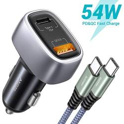 USB C Car Charger, AINOPE Total 54W Dual Port PD+QC3.0 Fast Charge Car Charger Adapter 36W Type C Cigarette Lighter USB Charger Compatible for Samsung/iPhone/iPad Pro/MacBook, with 3.3ft Type C Cord