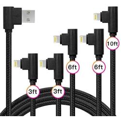 [5 Pack: 3ft/3ft/6ft/6ft/10ft] 90 Degree Gaming Cable Apple MFi Certified High-Speed Charging Cord Durable for iPhone Xs Max/Xs/XS Max/XR/X / 8/8 Plus / 7/7 Plus, and More (Black)