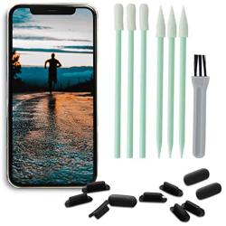 PortPlugs Port Covers (10 Pack) + 7 Piece Cell Phone Cleaning Kit, Anti-Dust Charging Port Plugs, Compatible with Apple iPhone 11, X, XS, 8, 8 Plus, 7, 6, iPads (Black)