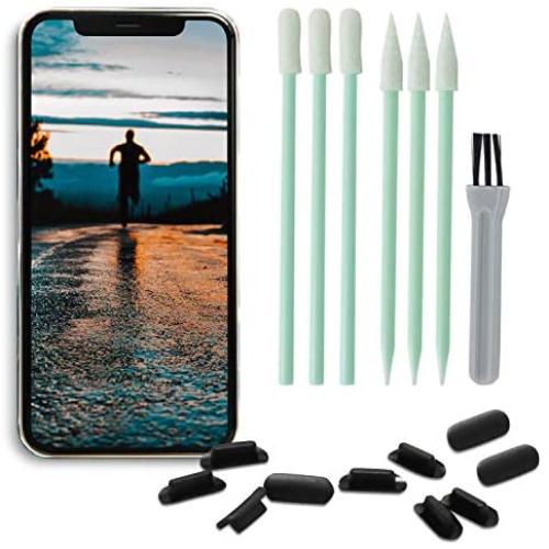 PortPlugs Port Covers (10 Pack) + 7 Piece Cell Phone Cleaning Kit, Anti-Dust Charging Port Plugs, Compatible with Apple iPhone 11, X, XS, 8, 8 Plus, 7, 6, iPads (Black)