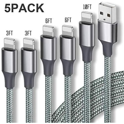 Guidit iPhone Charger MFi Certified Lightning Cable 5 Pack (3/3/6/6/10FT) Nylon Braided USB Charging Cable,data Transfer Cord,Compatible with iPhone 11/11 Pro Max/XS MAX/XR/XS/X/8/7/Plus/6S/iPad