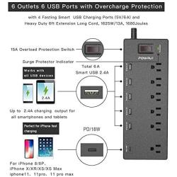 USB C Power Strip, POWRUI Surge Protector with 6 Outlets and 6 USB Ports, Type C Charger with 18W Power Delivery for Ipad Pro, iPhone 11/ Pro/Max/XS/Max/XR/X, Pixel, Galaxy, ETL Listed